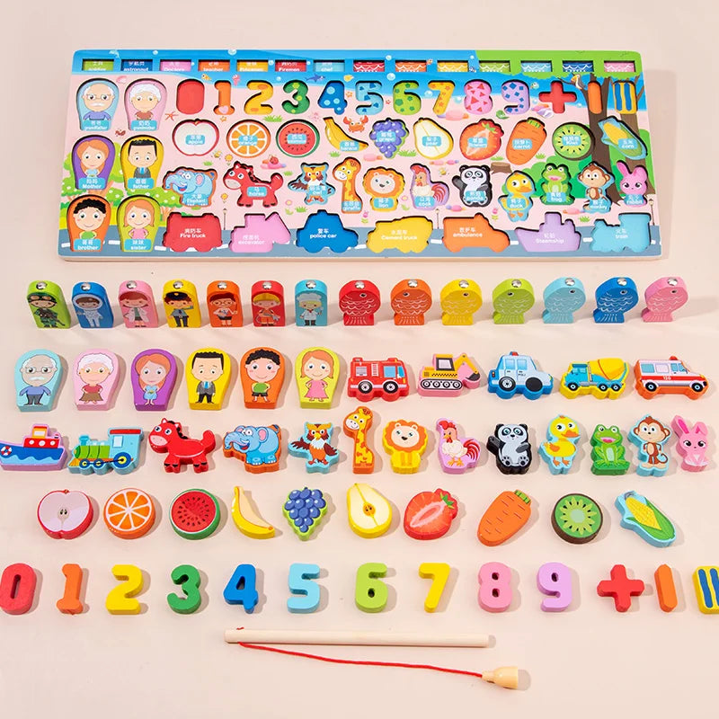 3D Preschool Children Educational Toys Wooden Montessori Arithmetic Magnetic Fishing Digital Shape Matching Building Block Toys