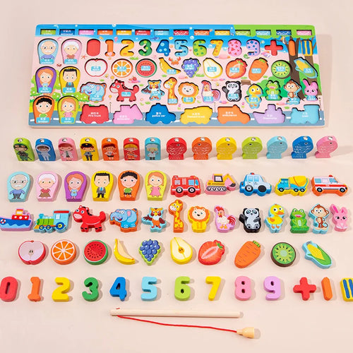 3D Preschool Children Educational Toys Wooden Montessori Arithmetic Magnetic Fishing Digital Shape Matching Building Block Toys