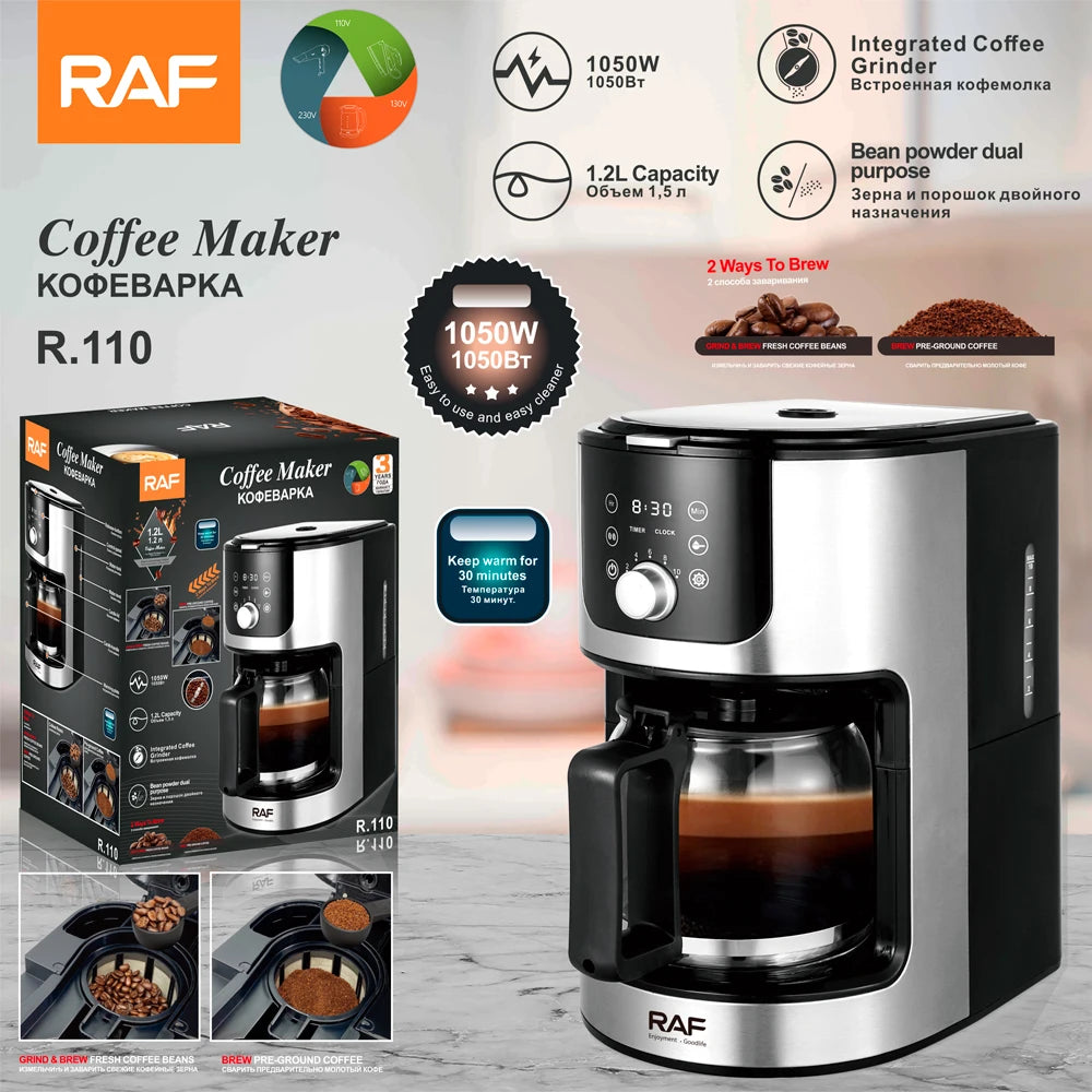 2-in-1 Drip Coffee Machine for Ground & Beans Home Coffee Maker with Digital Display And Warm Function