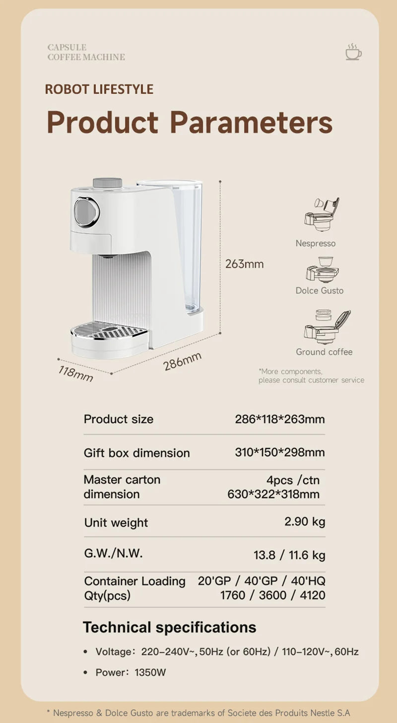 Coffee Maker 3 in 1 Multi Coffee Machine Hot/Cold, Dual Extraction, 20Bar, 1.4L Water Tank Home Hotel Coffee Maker