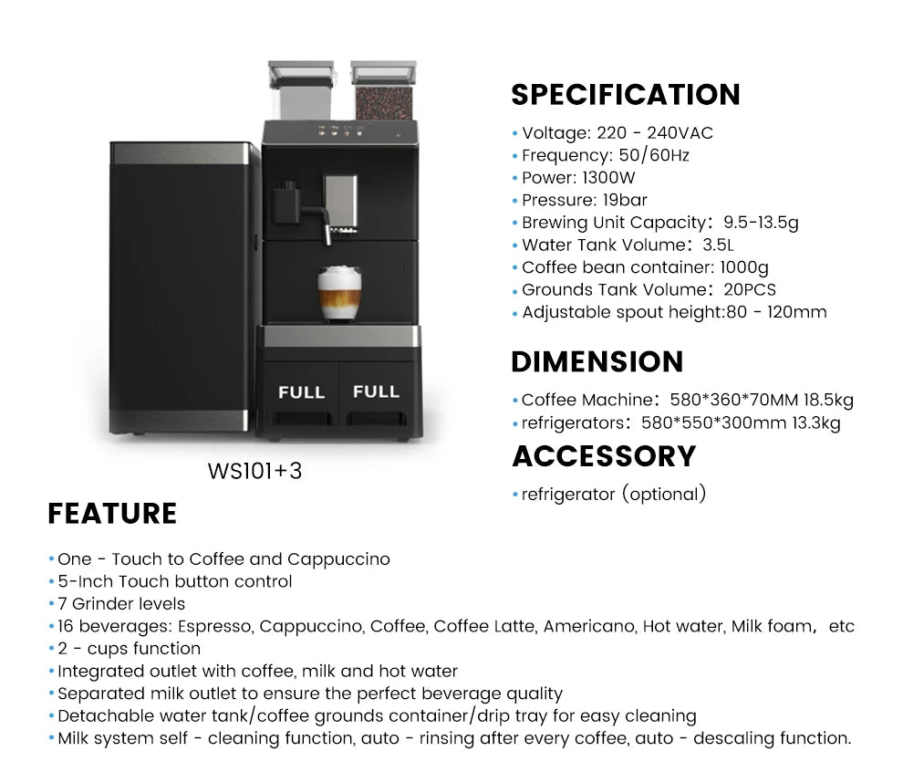 Mcilpoog  WS101+3 Business super automatic coffee machine Touch screen to quickly make coffee with one touch