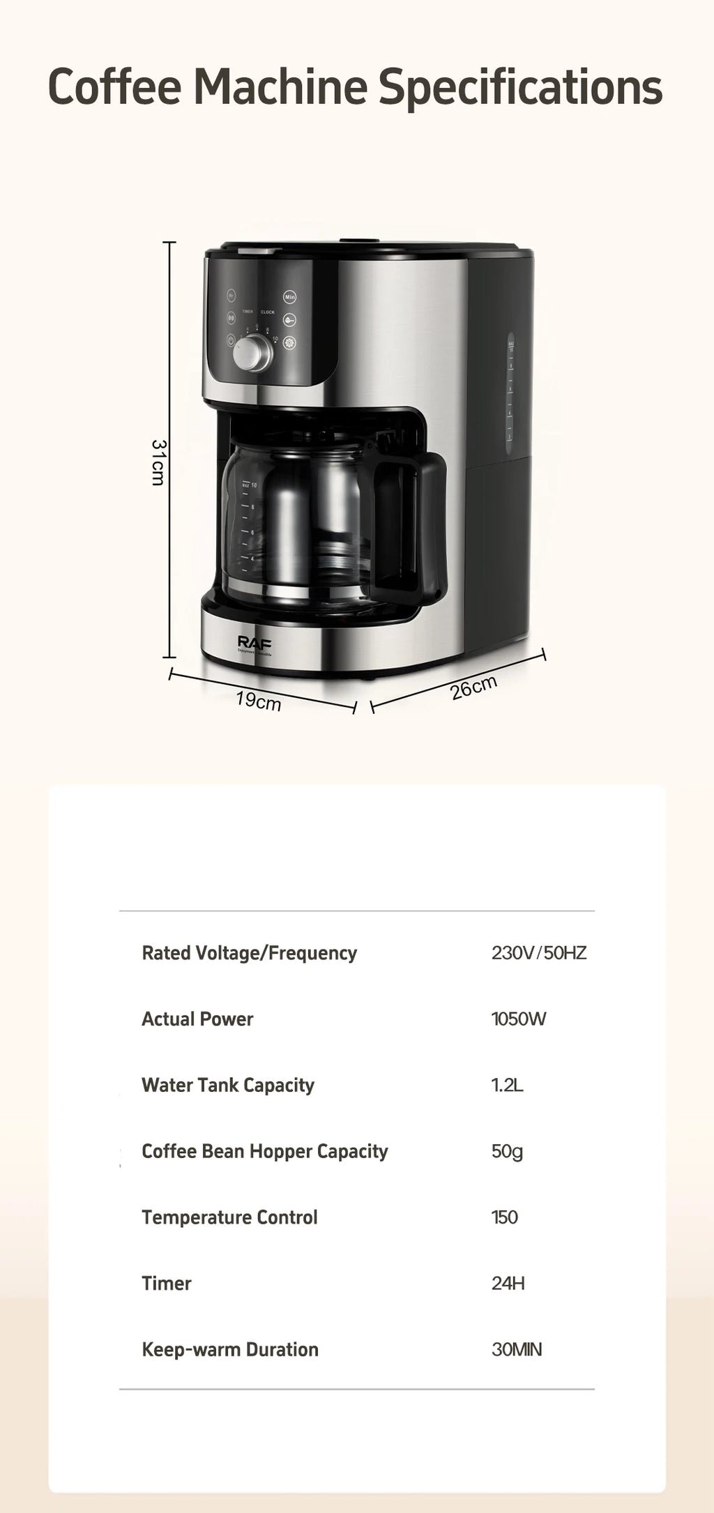 2-in-1 Drip Coffee Machine for Ground & Beans Home Coffee Maker with Digital Display And Warm Function