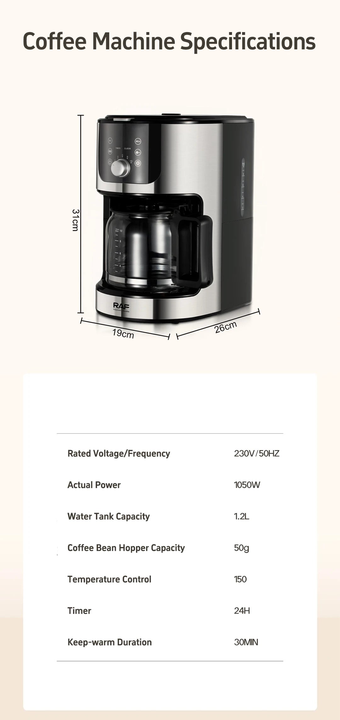 2-in-1 Drip Coffee Machine for Ground & Beans Home Coffee Maker with Digital Display And Warm Function