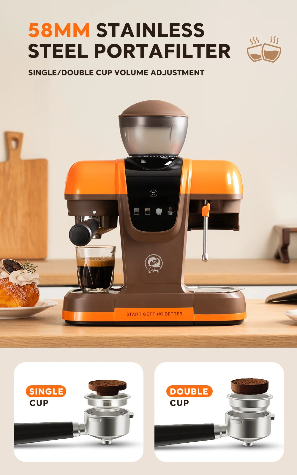 iCafilas Coffee Maker 19 Bar Semi Automatic Extraction Espresso Coffee Machine with Grinder Built In Steam milk coffee machine