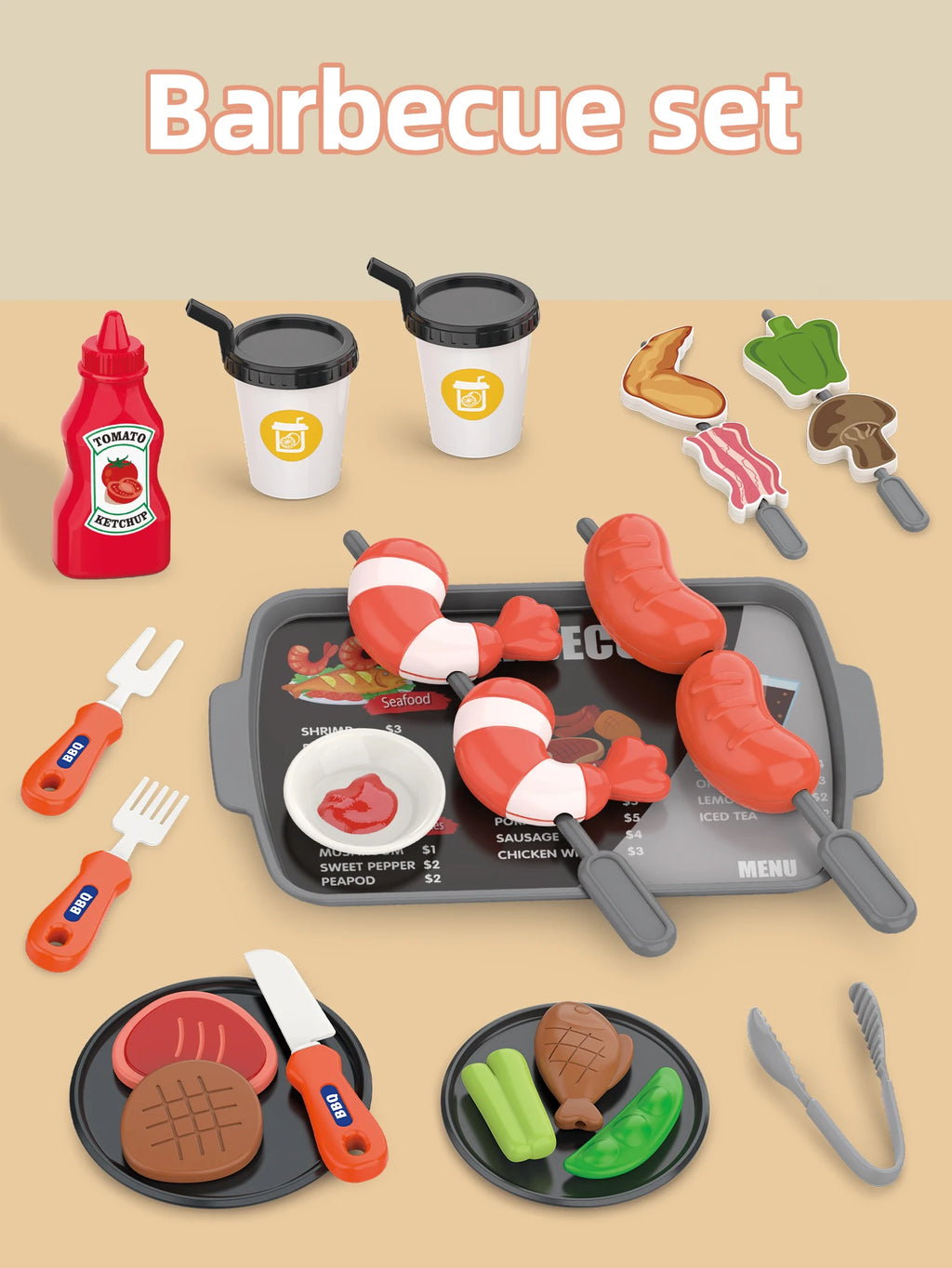 Children's toys: Pretend play, barbecue, fast food, pizza, sushi, afternoon tea, desserts, kitchen food, toy sets