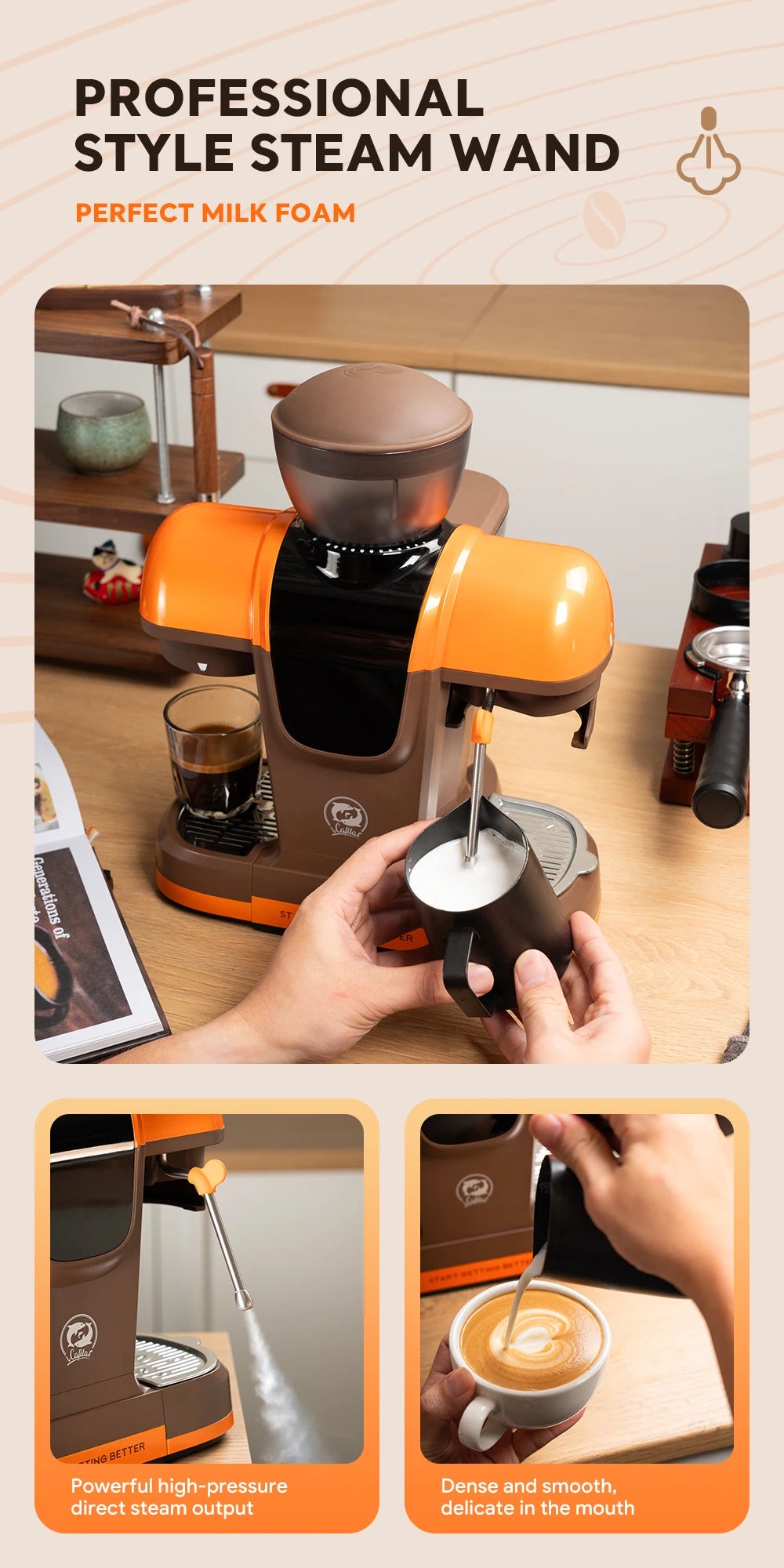 iCafilas Coffee Maker 19 Bar Semi Automatic Extraction Espresso Coffee Machine with Grinder Built In Steam milk coffee machine