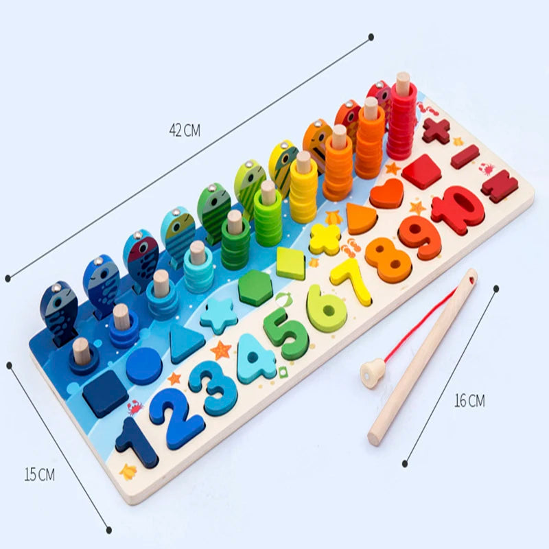 3D Preschool Children Educational Toys Wooden Montessori Arithmetic Magnetic Fishing Digital Shape Matching Building Block Toys