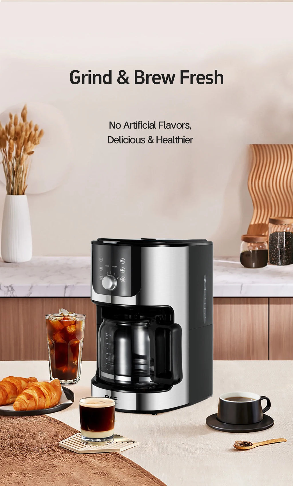 2-in-1 Drip Coffee Machine for Ground & Beans Home Coffee Maker with Digital Display And Warm Function