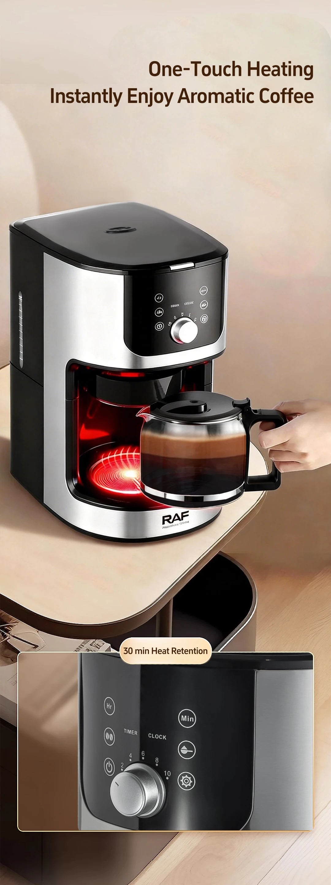 2-in-1 Drip Coffee Machine for Ground & Beans Home Coffee Maker with Digital Display And Warm Function