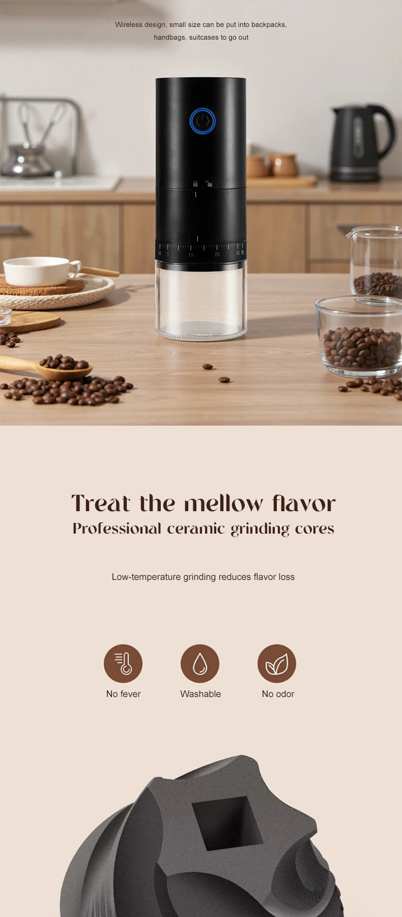 2025 Electric Coffee Bean Grinder Rechargeable Automatic Grinder Portable Coffee Grinder with ceramic core
