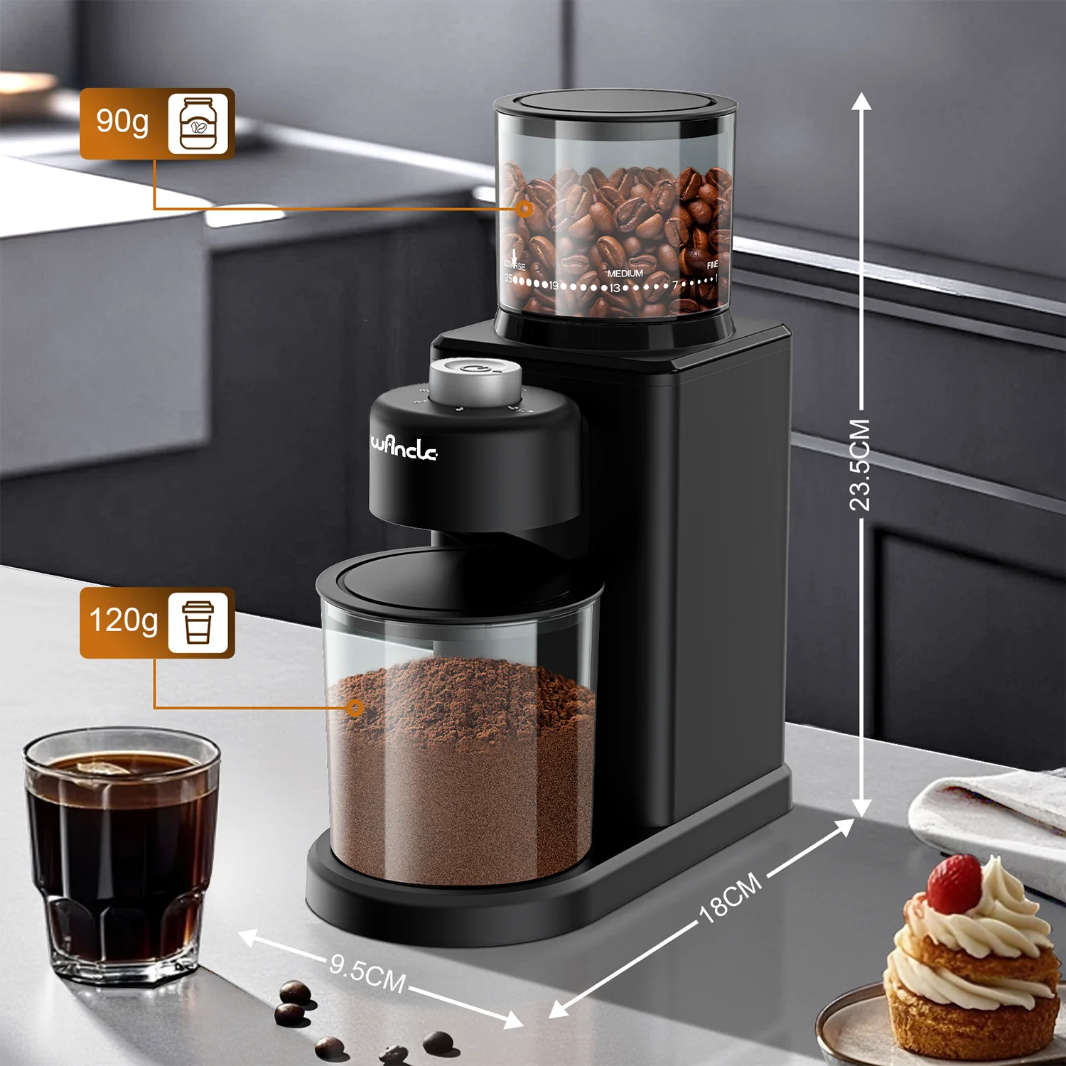 Coffee Grinder Automatic Electric Conical Grinder with Powder Blower 25 Precise Grindings for Espresso French Press 2-12 Cups