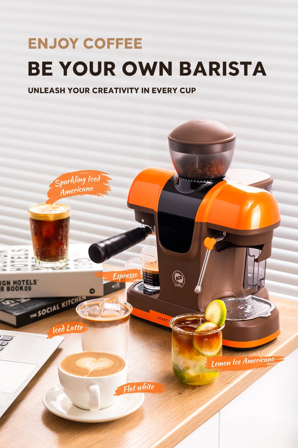 iCafilas Coffee Maker 19 Bar Semi Automatic Extraction Espresso Coffee Machine with Grinder Built In Steam milk coffee machine