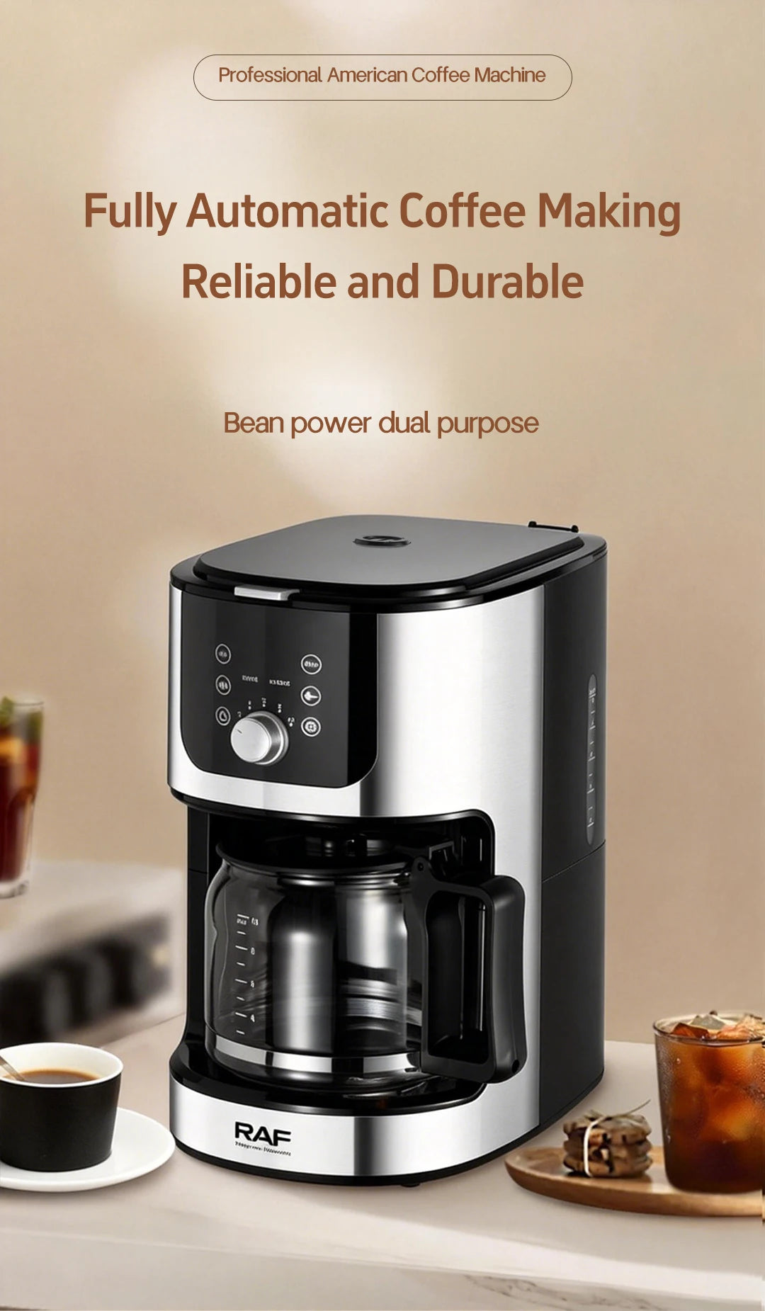 2-in-1 Drip Coffee Machine for Ground & Beans Home Coffee Maker with Digital Display And Warm Function