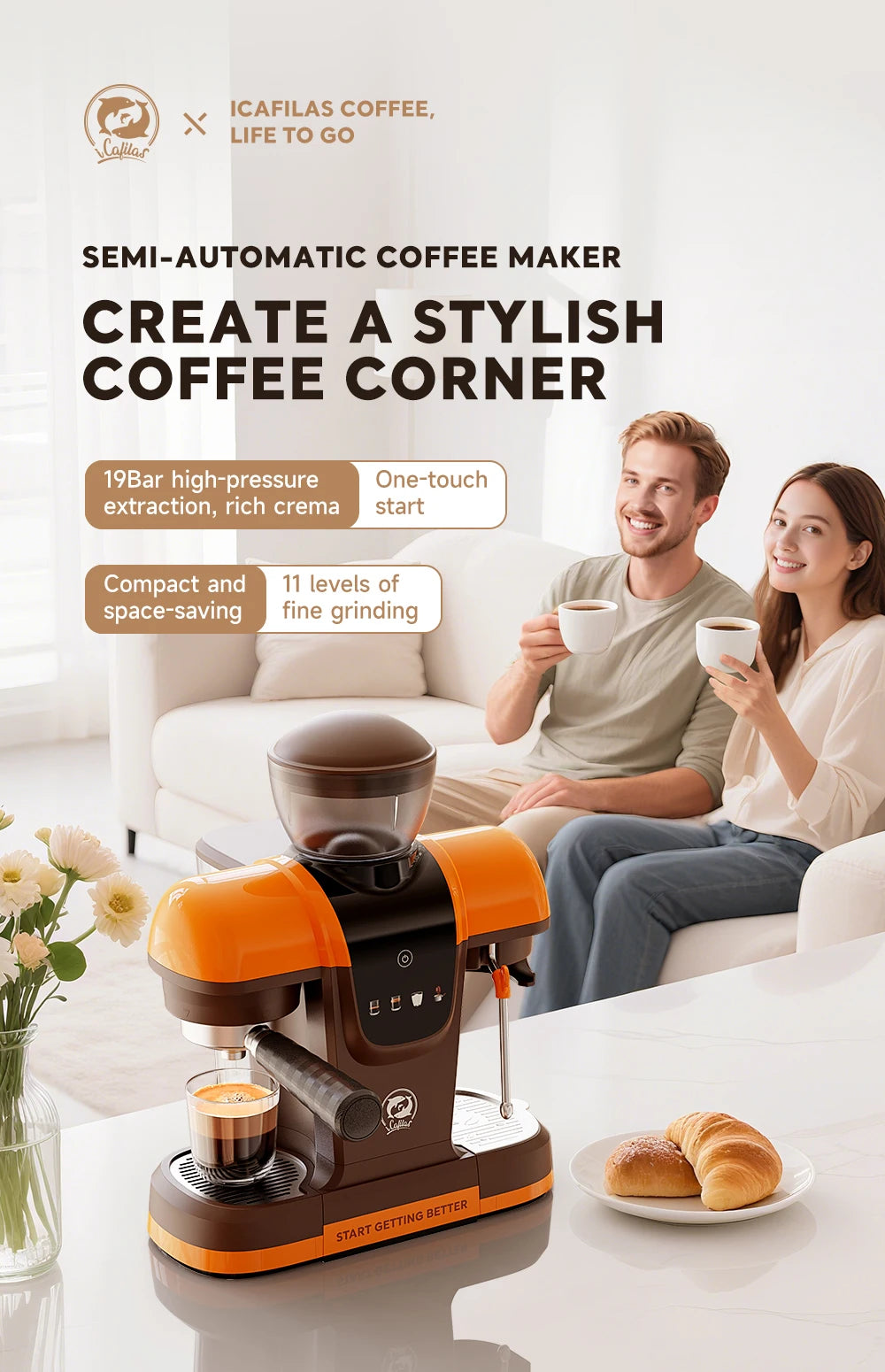 iCafilas Coffee Maker 19 Bar Semi Automatic Extraction Espresso Coffee Machine with Grinder Built In Steam milk coffee machine