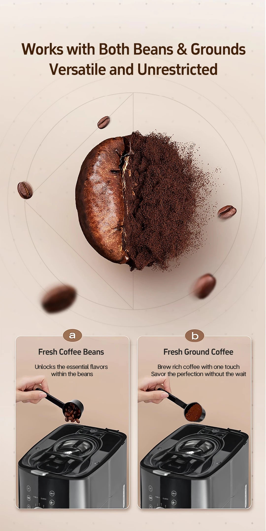 2-in-1 Drip Coffee Machine for Ground & Beans Home Coffee Maker with Digital Display And Warm Function