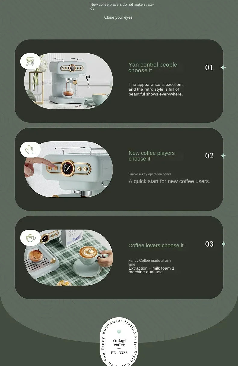 220V retro Italian coffee machine, household small fully semi-automatic concentrated American integrated milk foam machine C