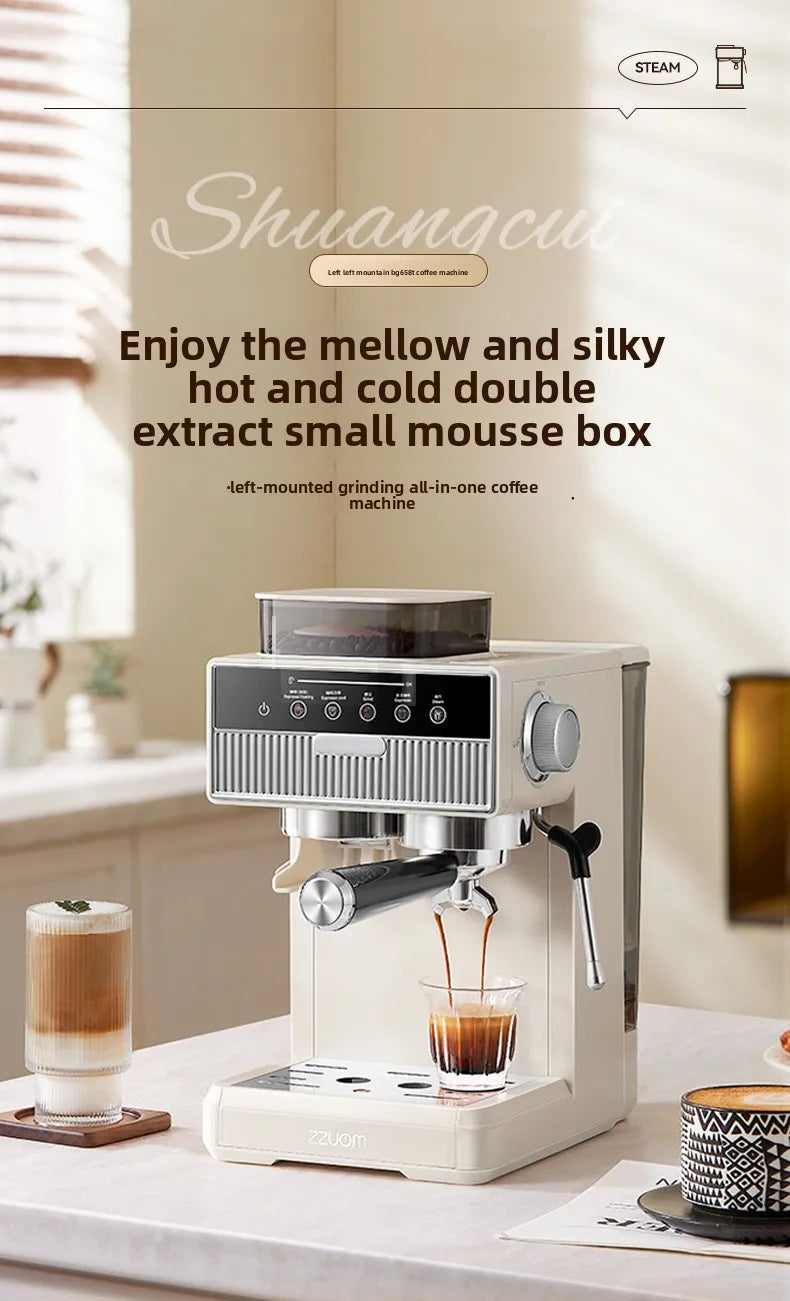 3-in-1 coffee machine grinds coffee beans+steam milk foam +15Bar espresso automatic cleaning, 20-gear grinding, LCD touch screen