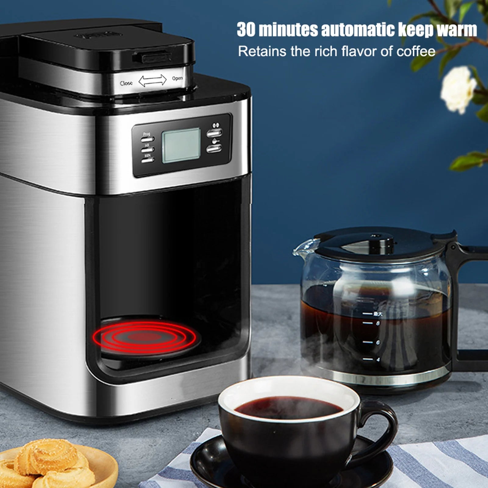 Programmable Coffee Maker with Timer 1050 Watts 1L Large Capacity 2-8 CupsDrip Coffee Maker Grind Brew Automatic Coffee Machine